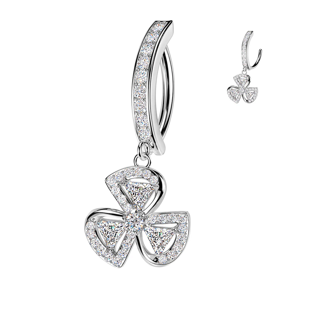 Pave CZ & Leaf Clover Dangle Hinged Comfortable Belly Button Ring - Image 2