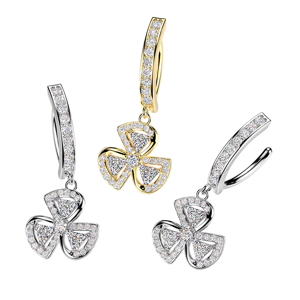 Pave CZ & Leaf Clover Dangle Hinged Comfortable Belly Button Ring - Image 3
