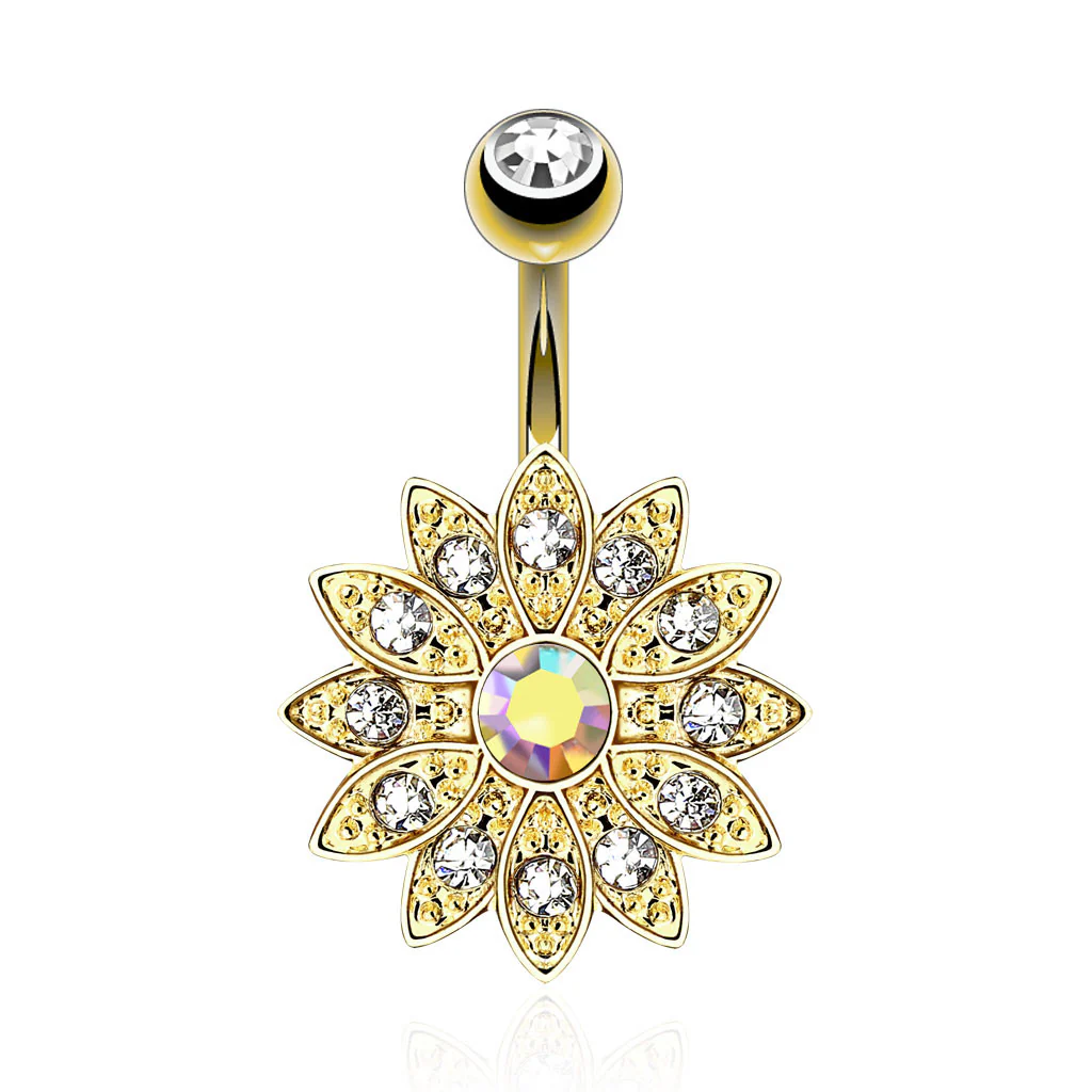 CZ Flower 14kt Gold Plated Navel Belly Button Ring - Image 2