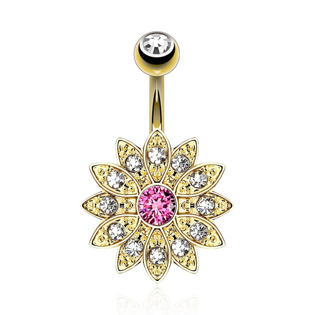 CZ Flower 14kt Gold Plated Navel Belly Button Ring - Image 3