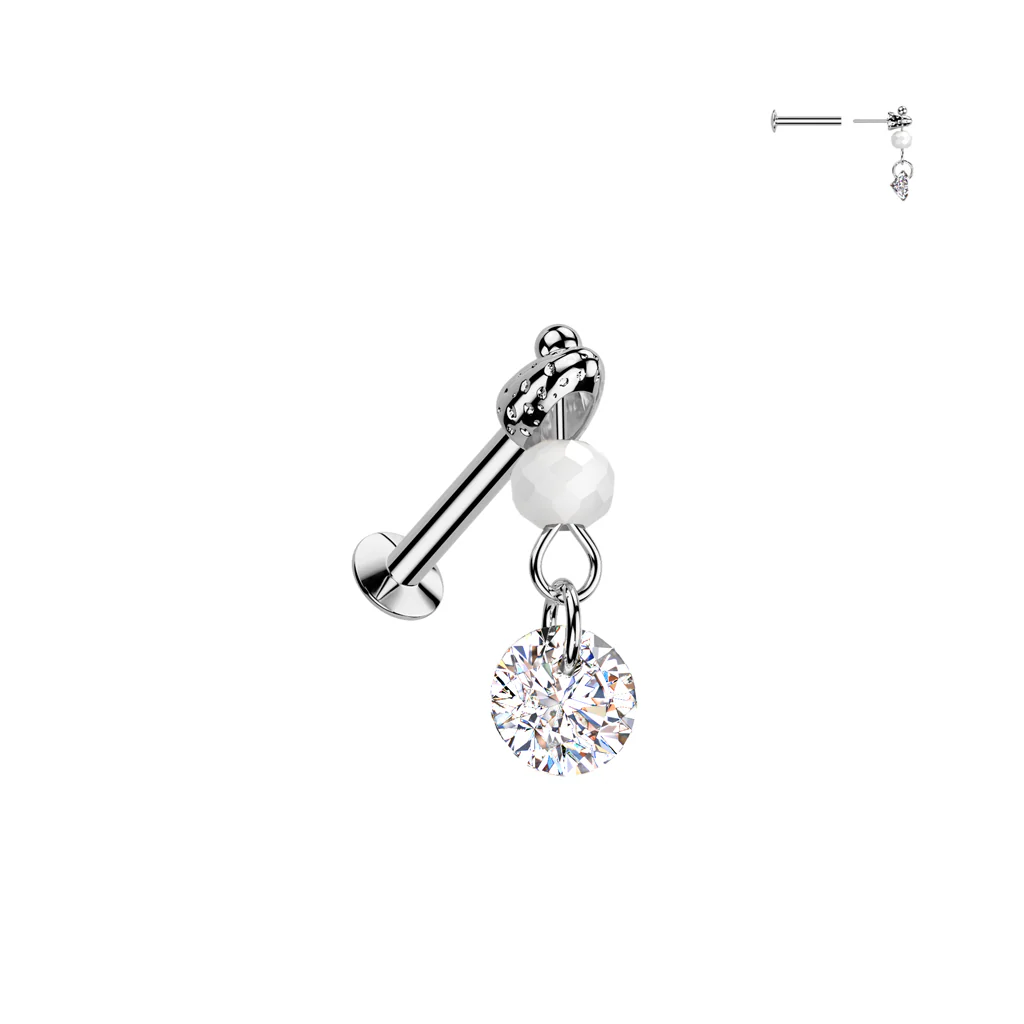 CZ & Bead Dangle Threadless Push In Labret Tragus Snug Ear Cartilage Helix - Image 3