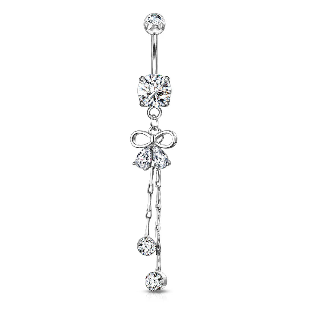 Pear CZ Ribbon With Crystal Chain Dangle Navel Belly Button Rings - Image 2
