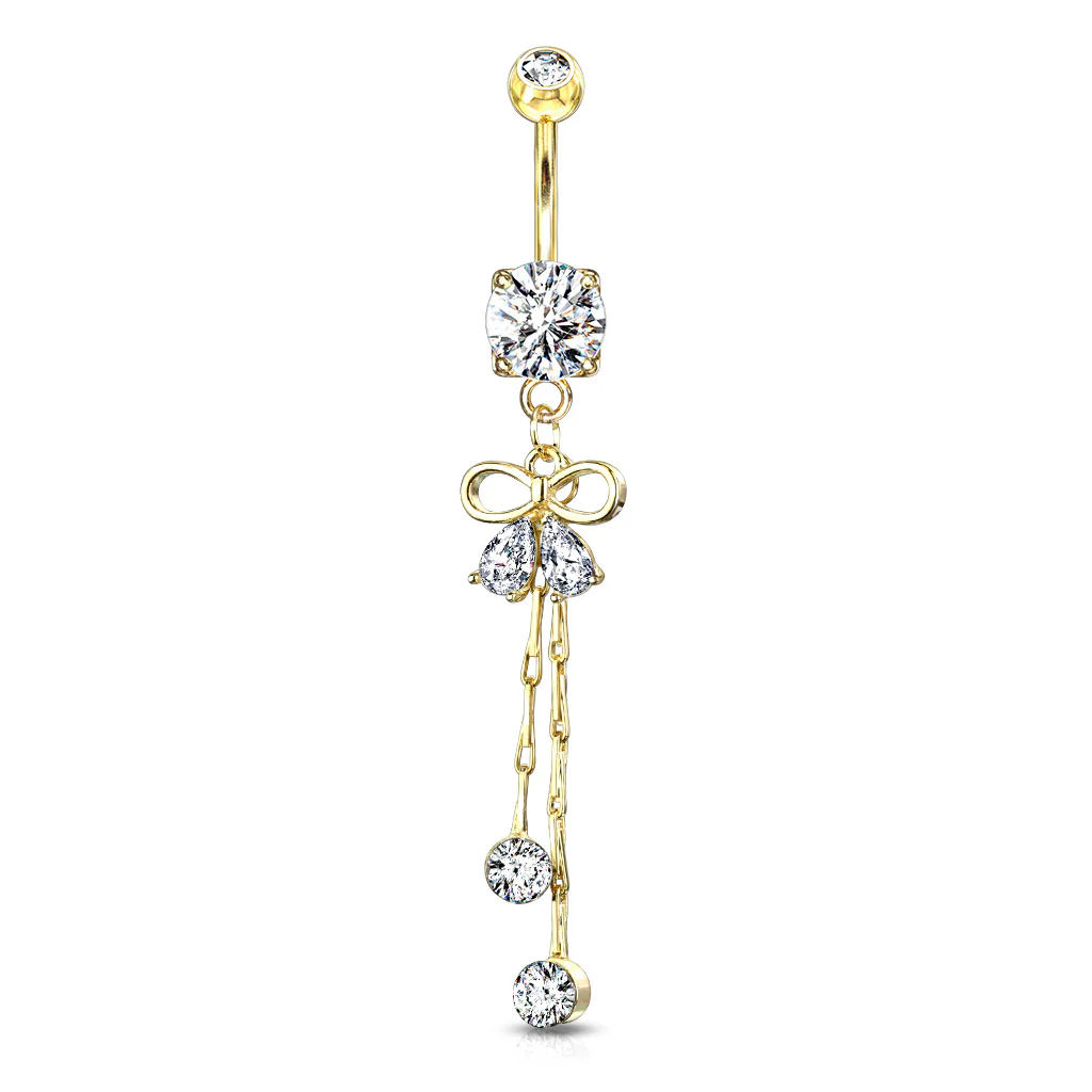 Pear CZ Ribbon With Crystal Chain Dangle Navel Belly Button Rings - Image 3