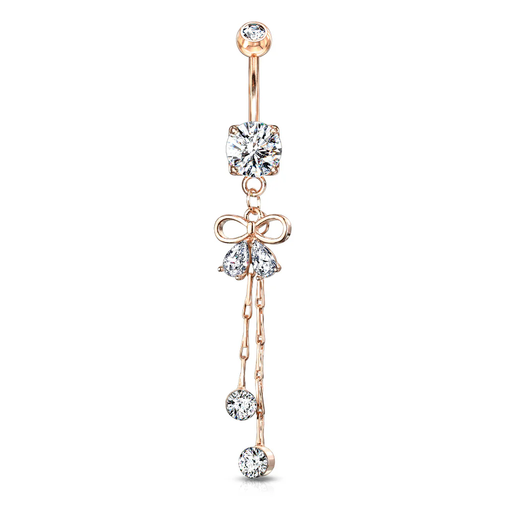 Pear CZ Ribbon With Crystal Chain Dangle Navel Belly Button Rings - Image 4
