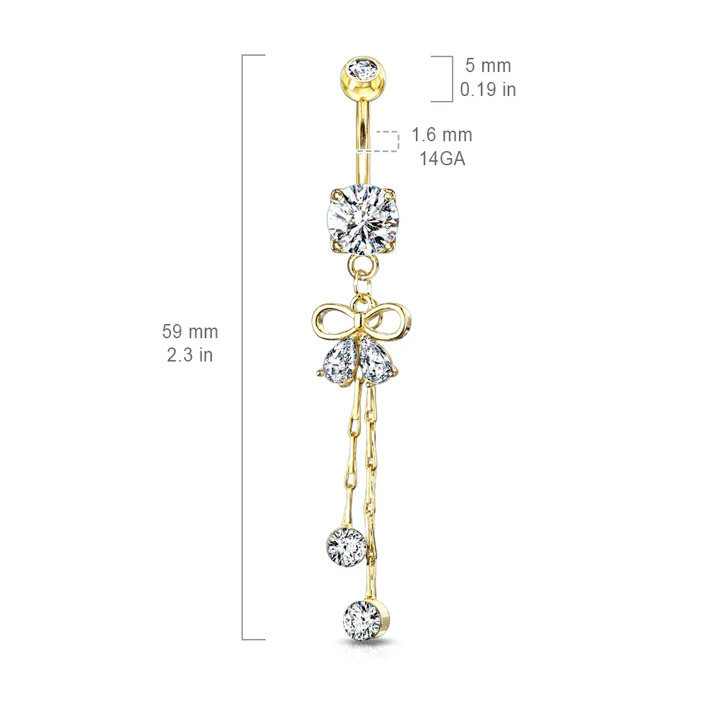Pear CZ Ribbon With Crystal Chain Dangle Navel Belly Button Rings - Image 6