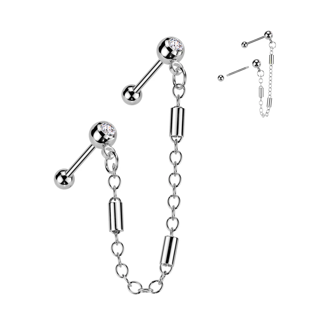 Barbell Link Chain CZ Dangle Ear Cartilage Helix Tragus Barbell - Image 2