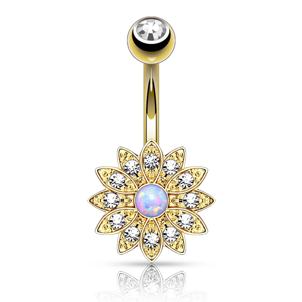 Petite Crystal Paved Flower with Opal Center Navel Belly Button Rings - Image 2