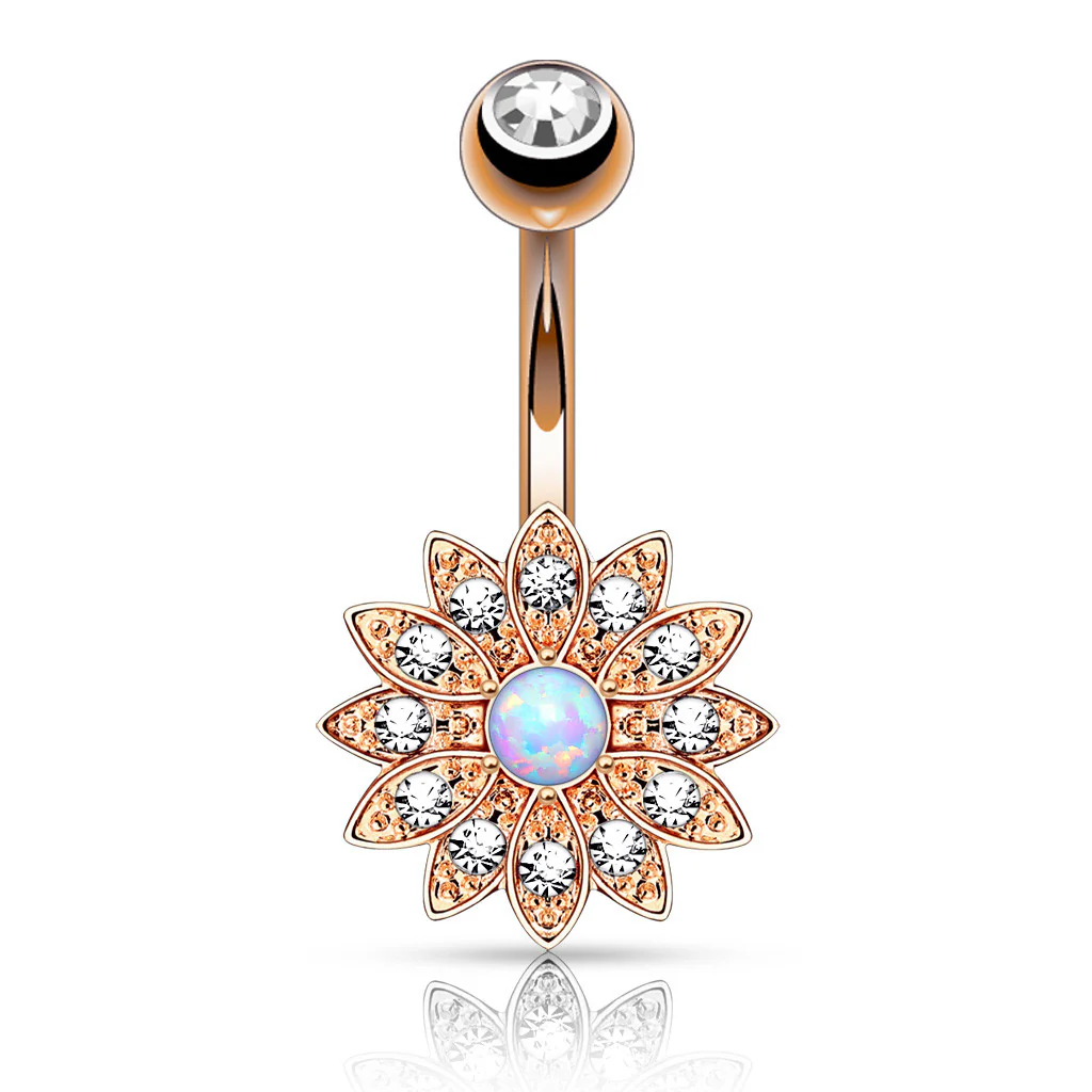 Petite Crystal Paved Flower with Opal Center Navel Belly Button Rings - Image 3