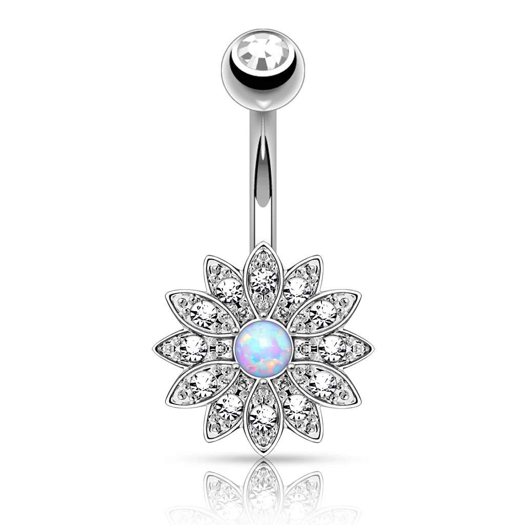 Petite Crystal Paved Flower with Opal Center Navel Belly Button Rings - Image 4