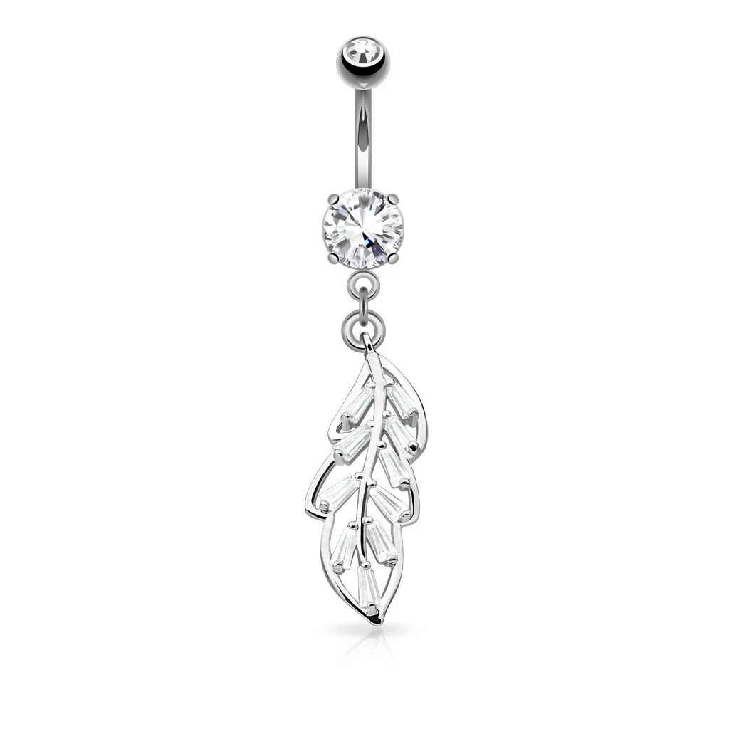 Princess Cut CZ Leaf Dangle Surgical Steel Belly Button Navel Rings - Image 2