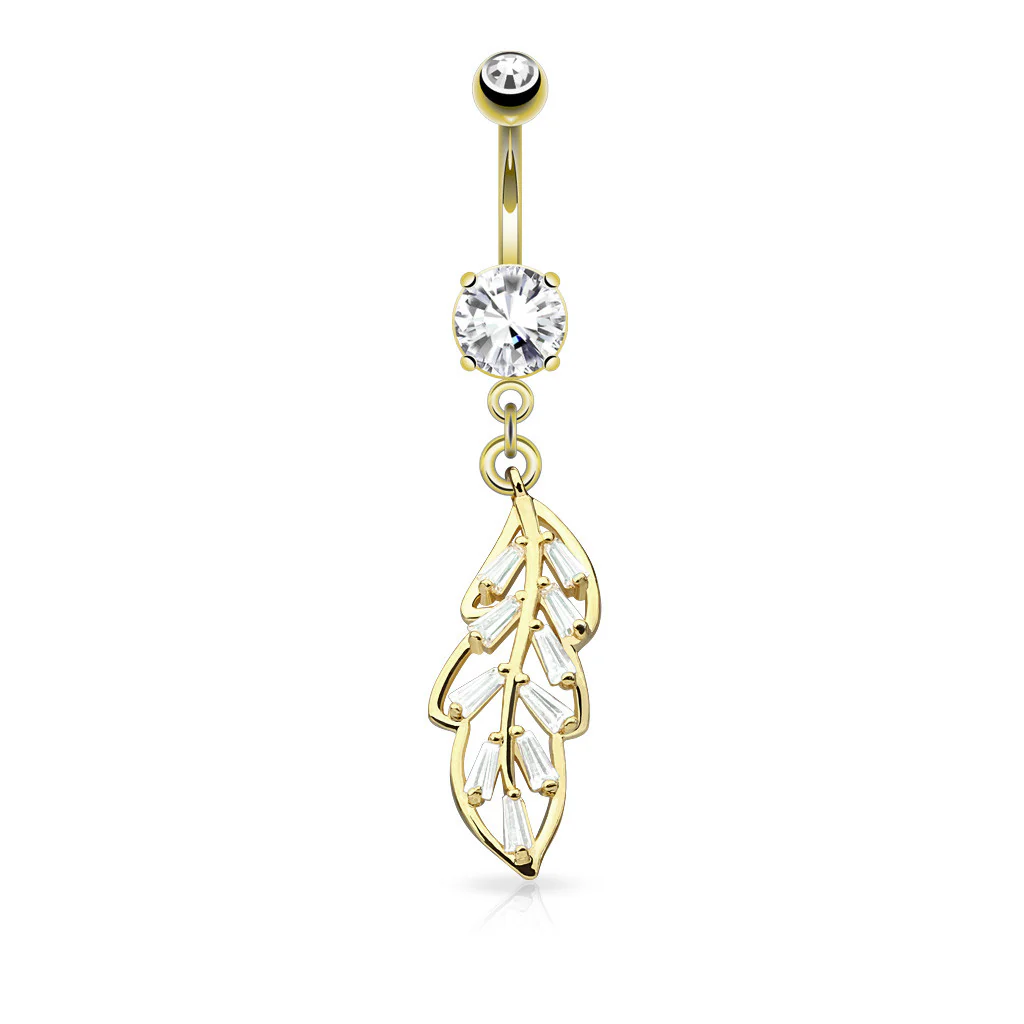Princess Cut CZ Leaf Dangle Surgical Steel Belly Button Navel Rings - Image 3