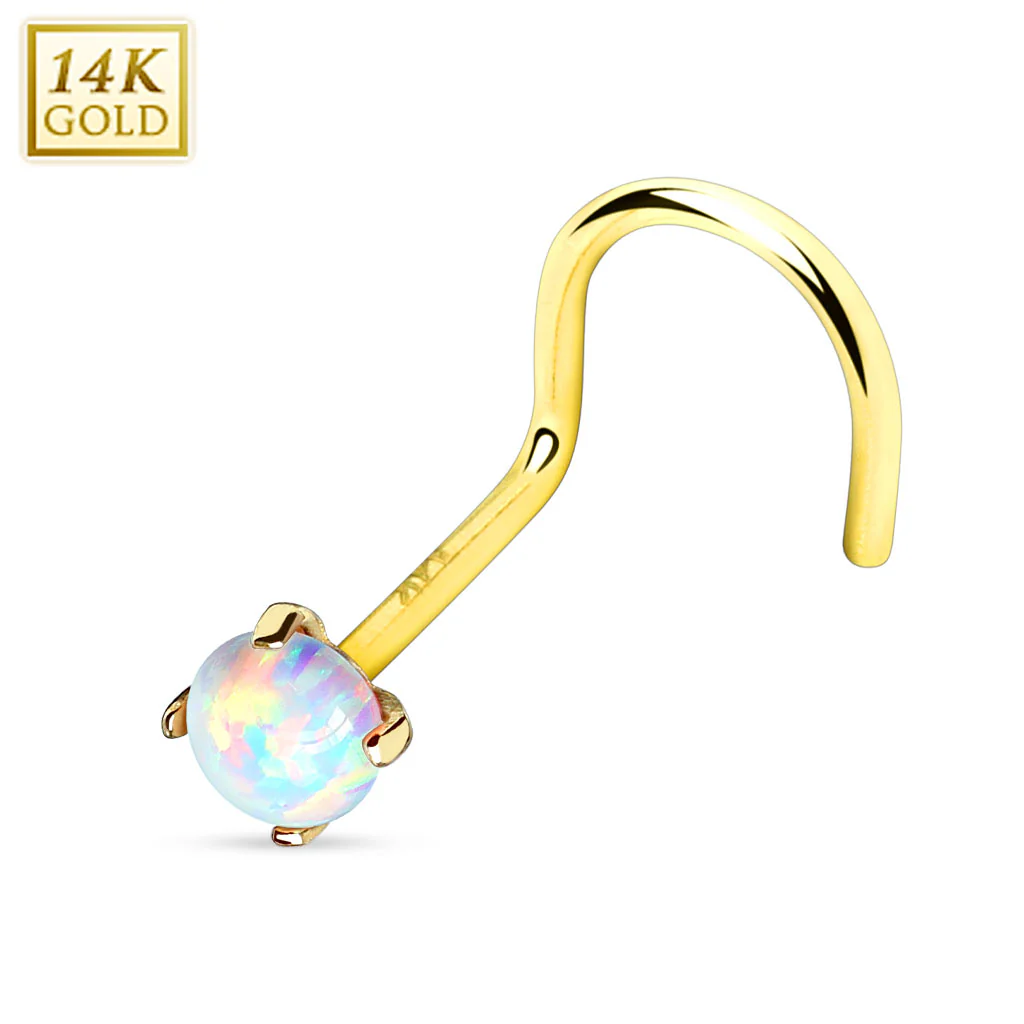14K Solid Gold Prong Set Opal Nose Screw Ring - Image 3