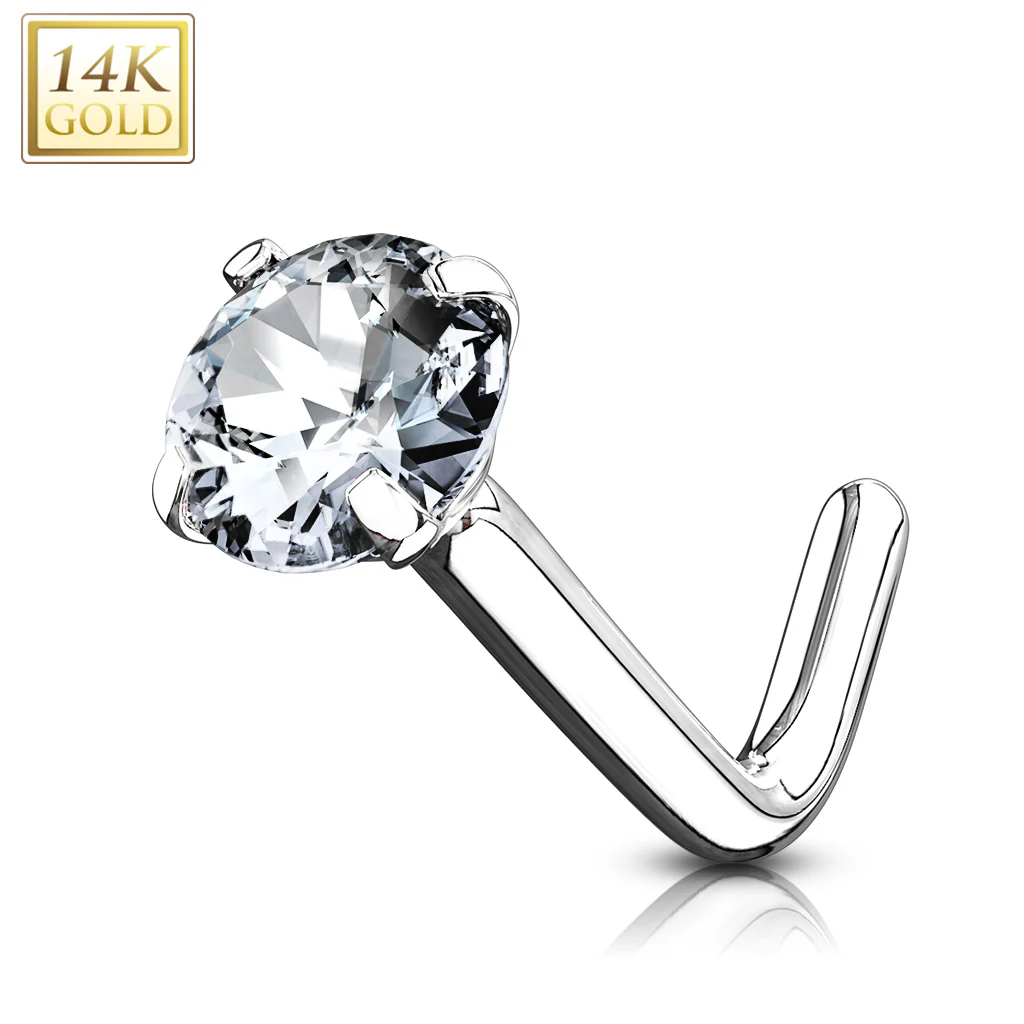 14K Solid Gold Round 2mm CZ L Bend Nose Ring - Image 2