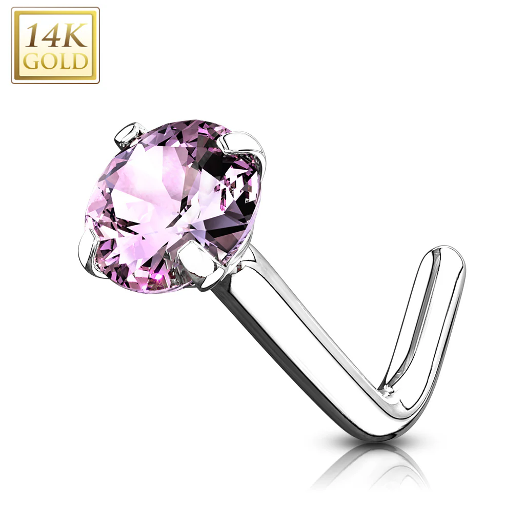 14K Solid Gold Round 2mm CZ L Bend Nose Ring - Image 3