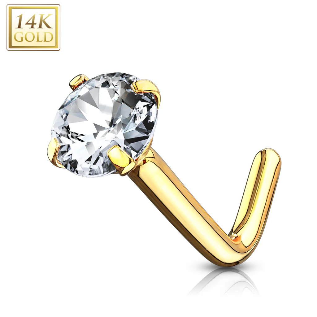 14K Solid Gold Round 2mm CZ L Bend Nose Ring - Image 5