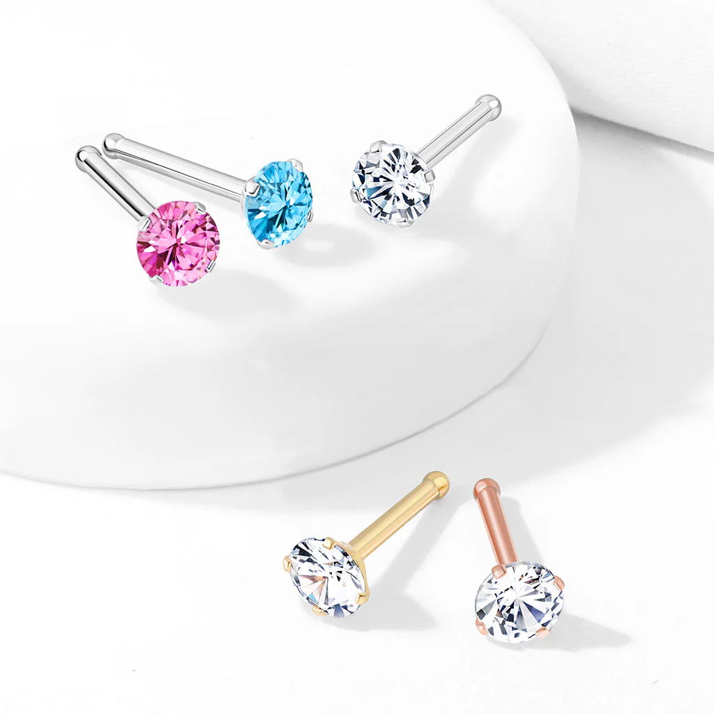 Prong Set Round CZ Top 316L Surgical Steel Nose Bone Stud Rings