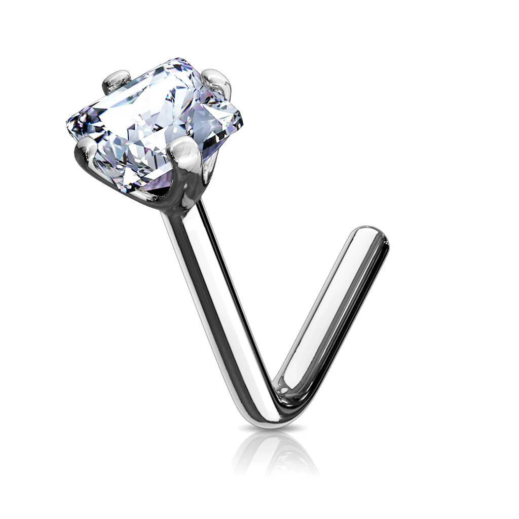 14K Solid Gold Square CZ L Bend Nose Ring - Image 2