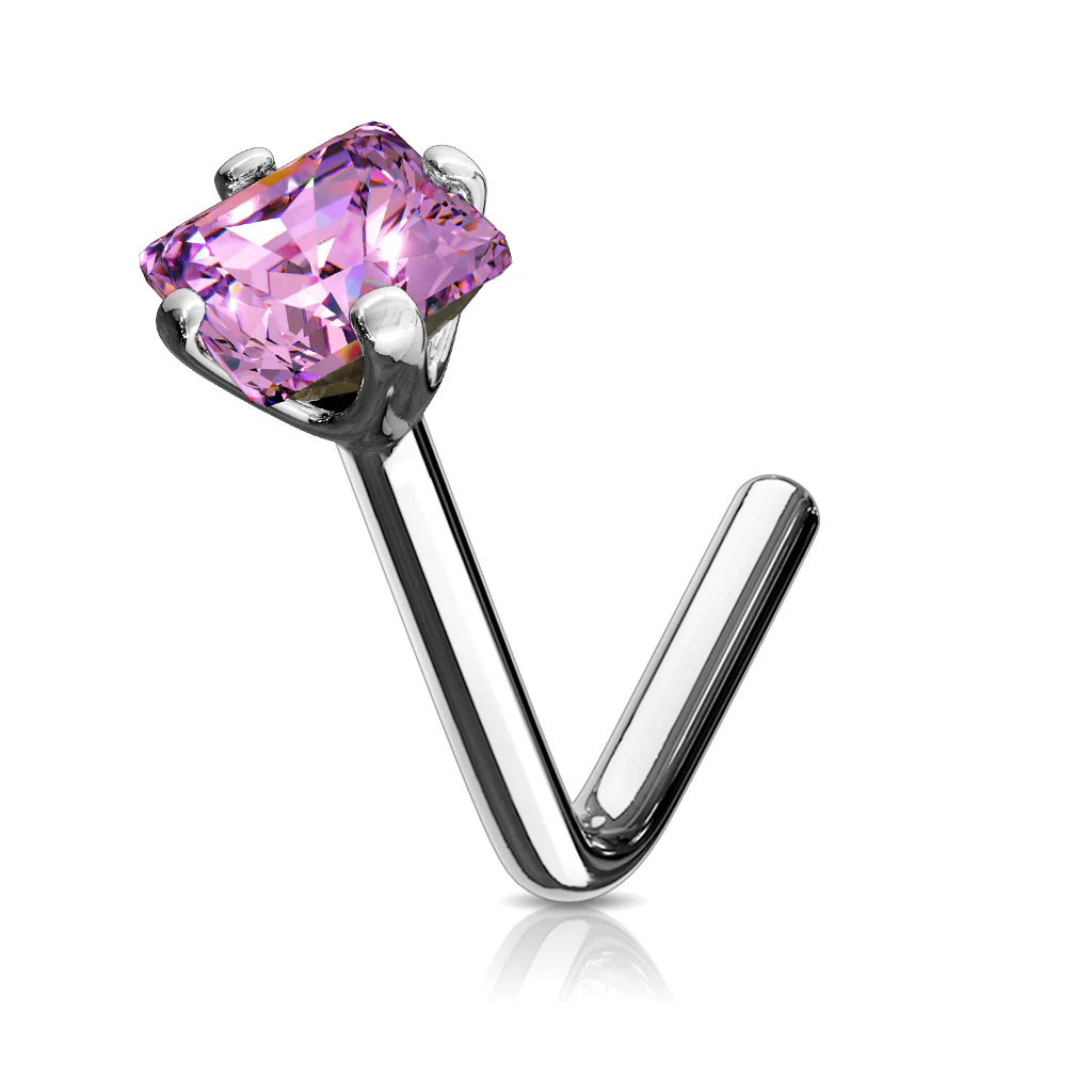 14K Solid Gold Square CZ L Bend Nose Ring - Image 3