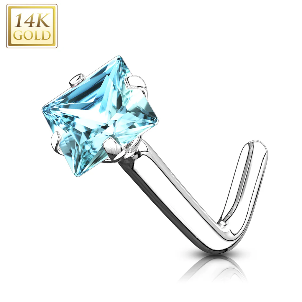 14K Solid Gold Square CZ L Bend Nose Ring - Image 4
