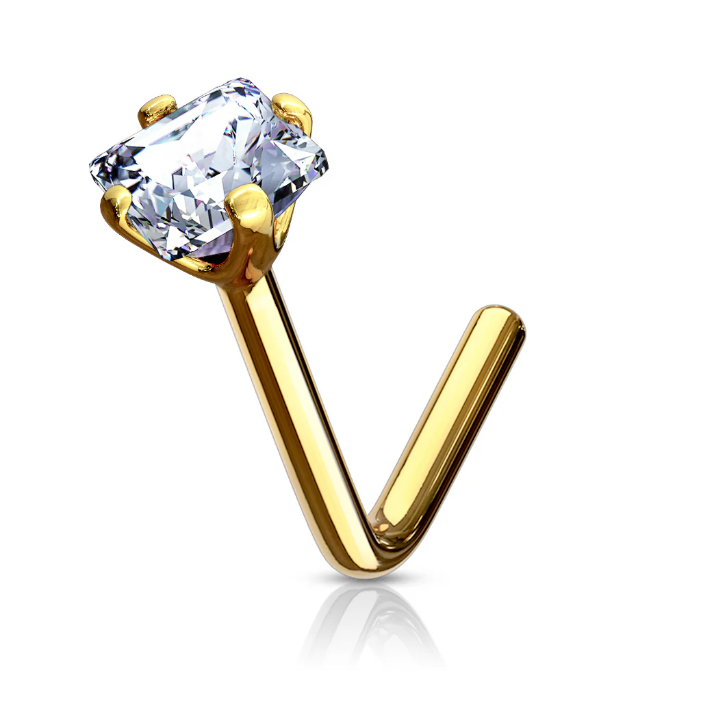 14K Solid Gold Square CZ L Bend Nose Ring - Image 5