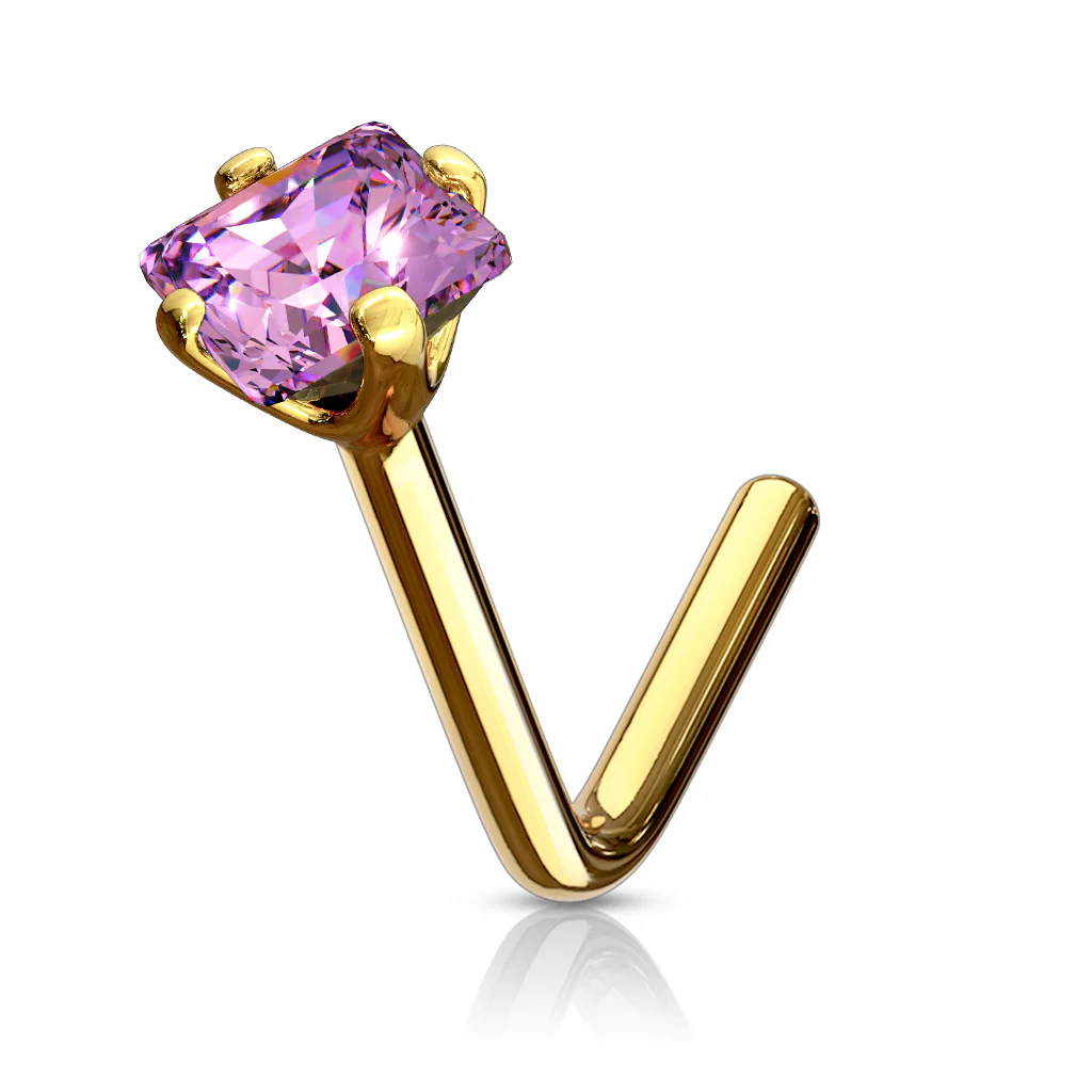 14K Solid Gold Square CZ L Bend Nose Ring - Image 6