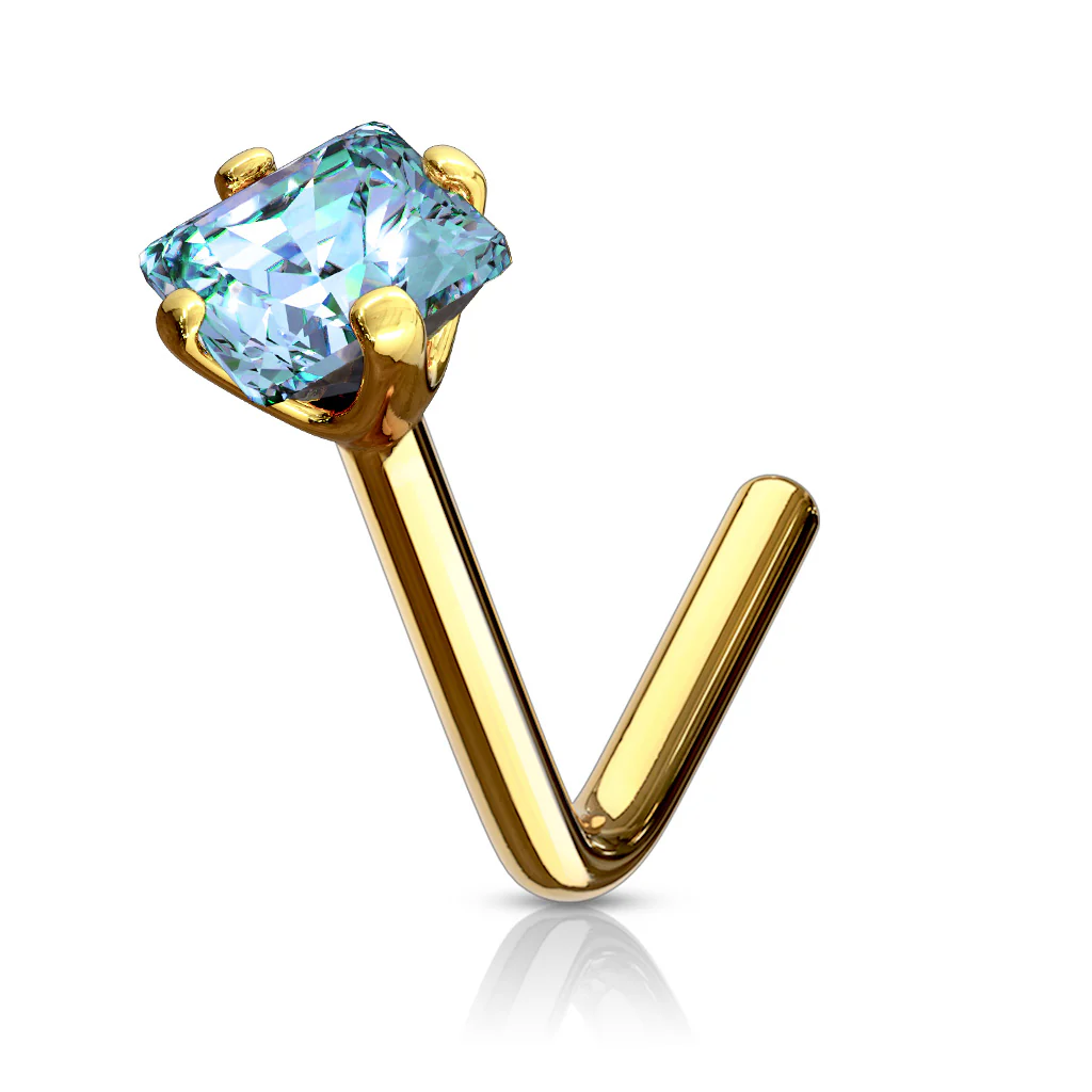 14K Solid Gold Square CZ L Bend Nose Ring - Image 7