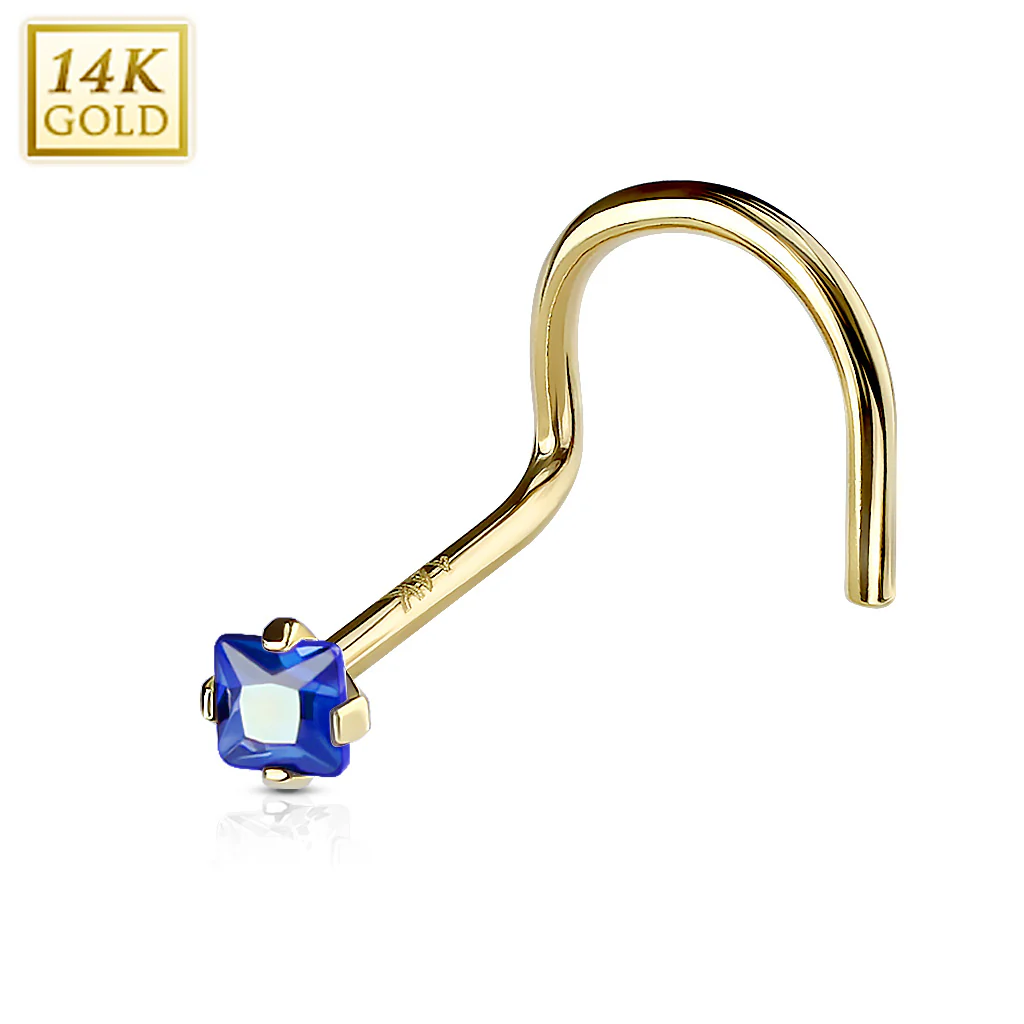 Prong Set Square CZ 14K Solid Gold Nose Screw Ring - Image 2