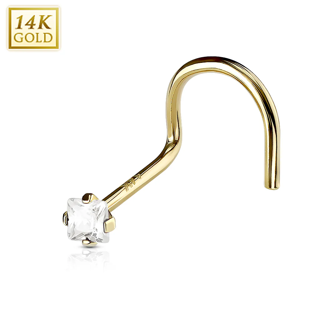 Prong Set Square CZ 14K Solid Gold Nose Screw Ring - Image 3