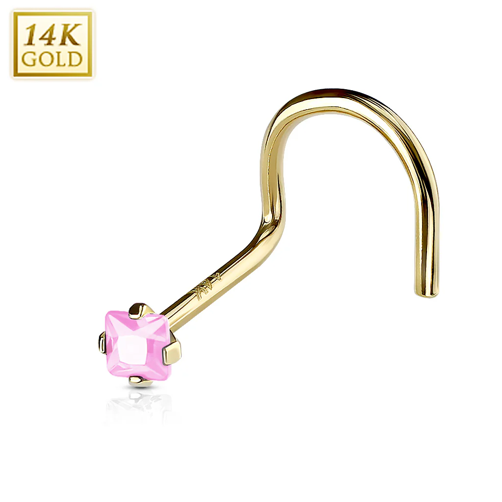Prong Set Square CZ 14K Solid Gold Nose Screw Ring - Image 4
