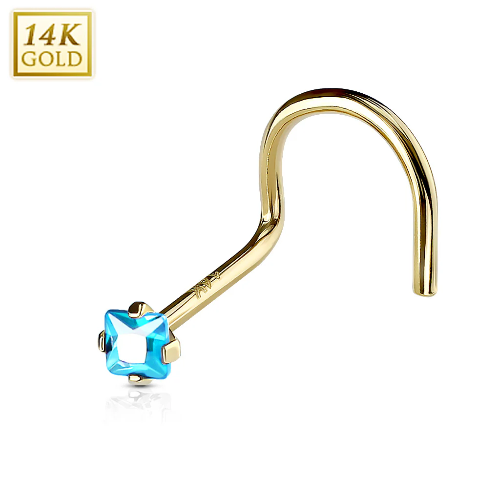 Prong Set Square CZ 14K Solid Gold Nose Screw Ring - Image 5