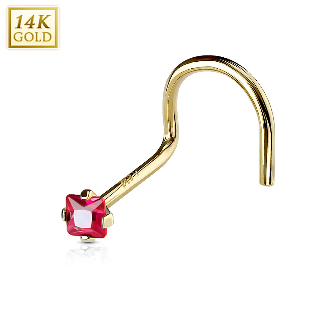 Prong Set Square CZ 14K Solid Gold Nose Screw Ring - Image 6