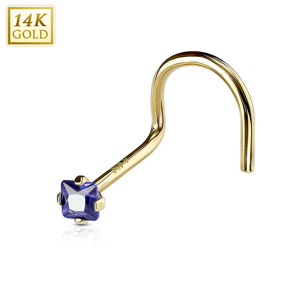 Prong Set Square CZ 14K Solid Gold Nose Screw Ring - Image 7