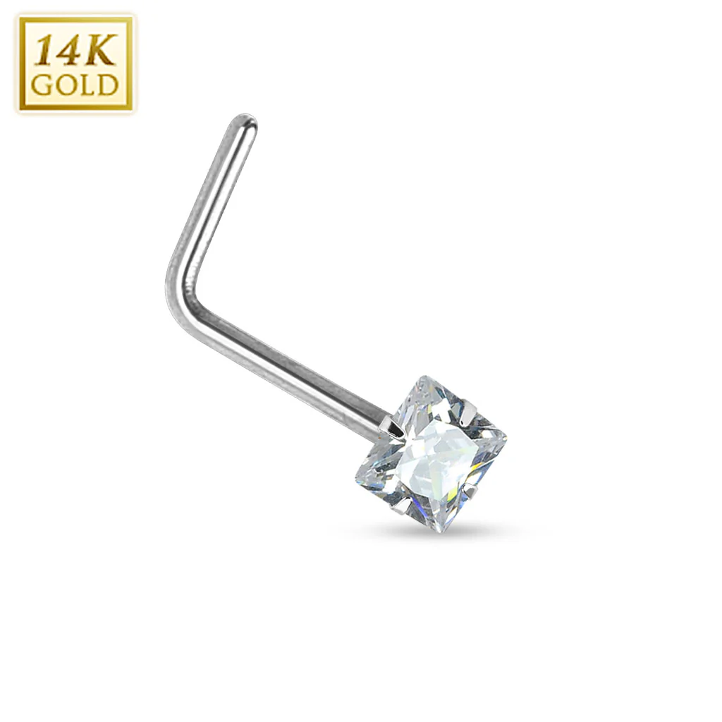 Prong Set Square CZ 14K White Solid Gold L Bend Nose Stud Ring - Image 2