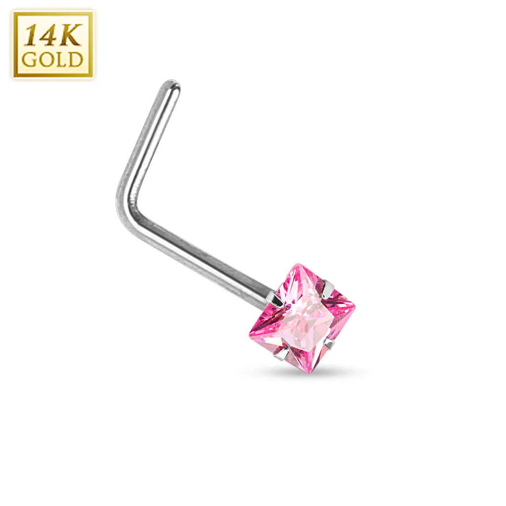 Prong Set Square CZ 14K White Solid Gold L Bend Nose Stud Ring - Image 3