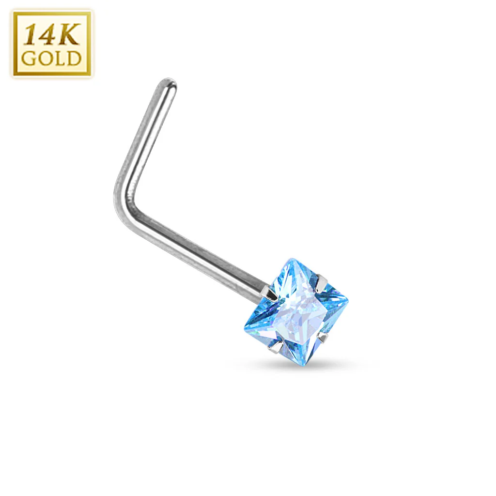 Prong Set Square CZ 14K White Solid Gold L Bend Nose Stud Ring - Image 4