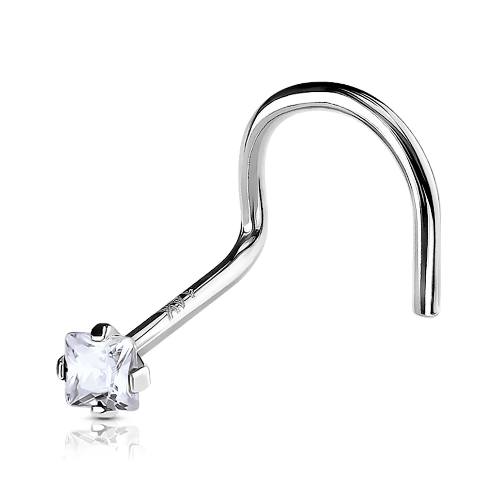 14K Solid Gold Prong Set Square CZ Top Nose Screw Ring - Image 2