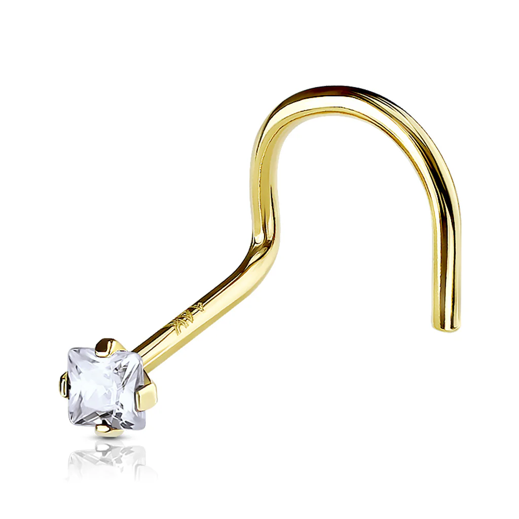 14K Solid Gold Prong Set Square CZ Top Nose Screw Ring - Image 3