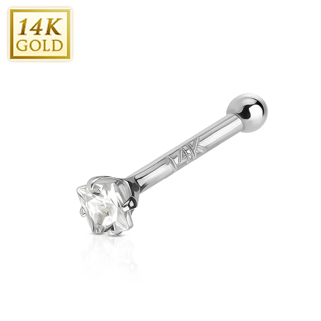 14K Solid Gold Prong Set Square CZ Nose Stud Ring - Image 2