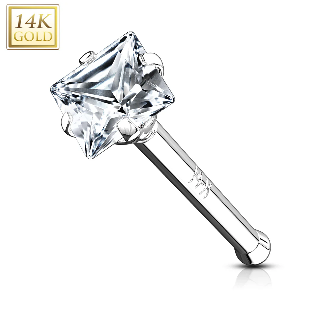 14K Solid Gold Prong Set Square CZ Nose Stud Ring - Image 3