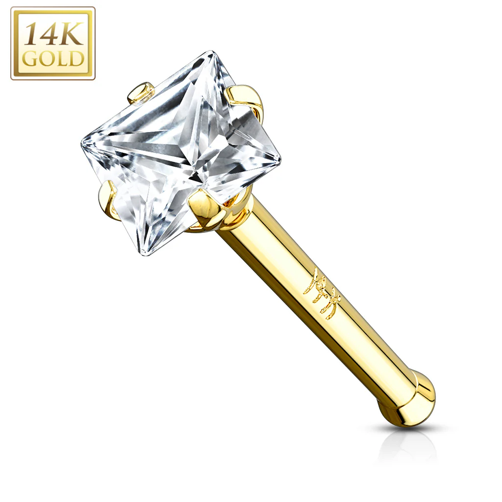 14K Solid Gold Prong Set Square CZ Nose Stud Ring - Image 4