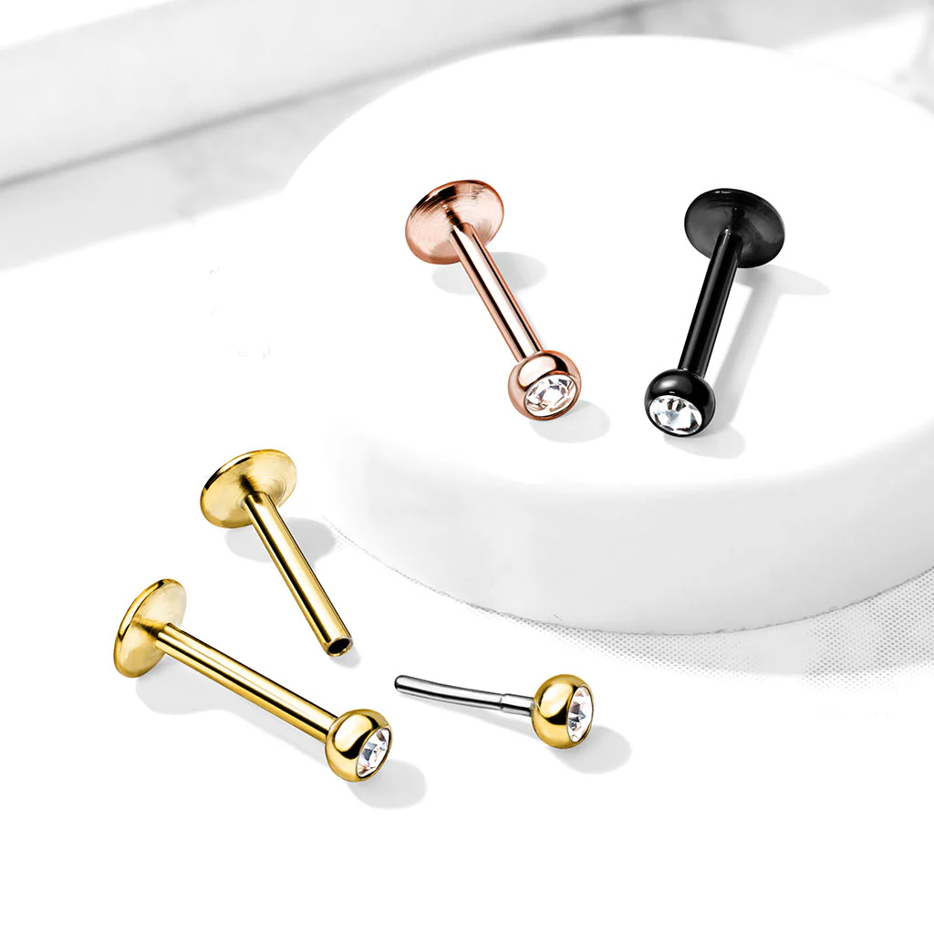 Push In Jeweled Ball Top Threadless Labret, Monroe, Flat Back Stud.