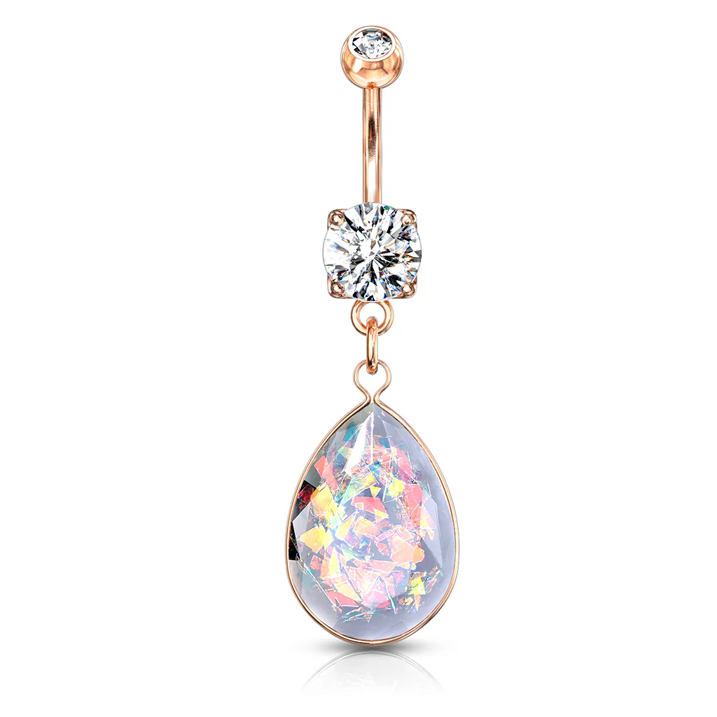Rainbow Glitter Opalite Stone Dangle Navel Belly Button Rings - Image 2
