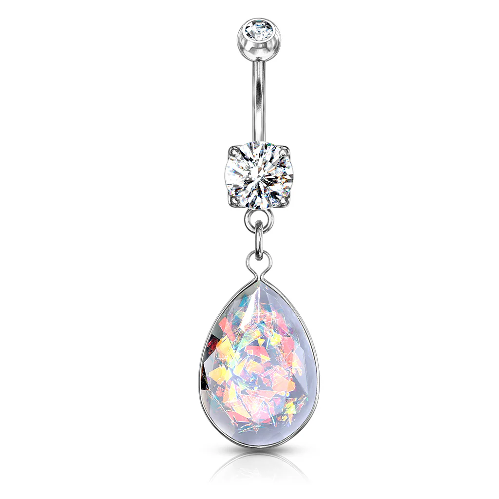 Rainbow Glitter Opalite Stone Dangle Navel Belly Button Rings - Image 3