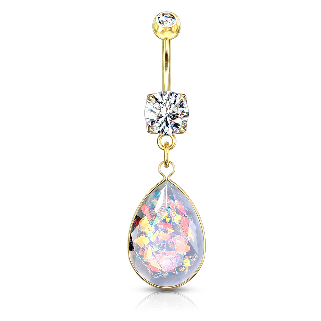Rainbow Glitter Opalite Stone Dangle Navel Belly Button Rings - Image 4
