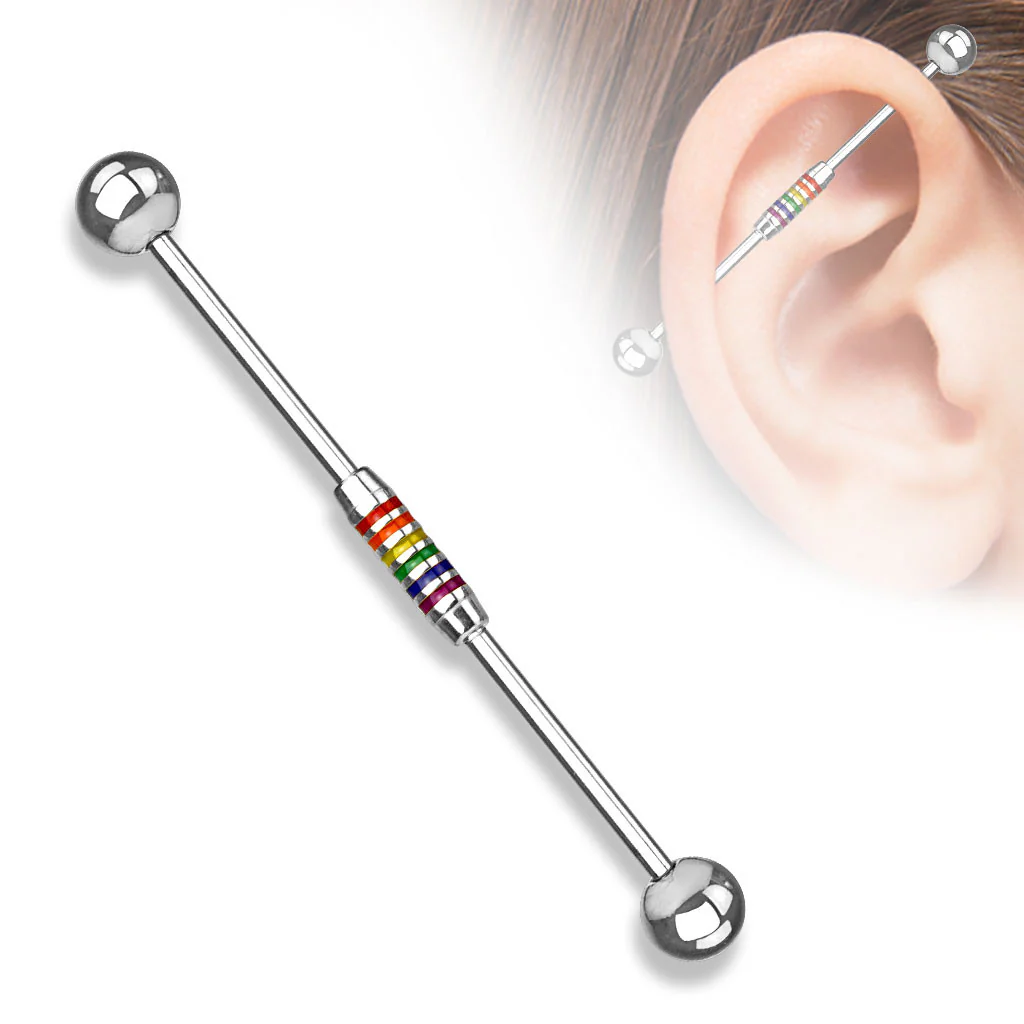 Rainbow Striped Center 316L Surgical Steel Industrial Barbells - Image 3