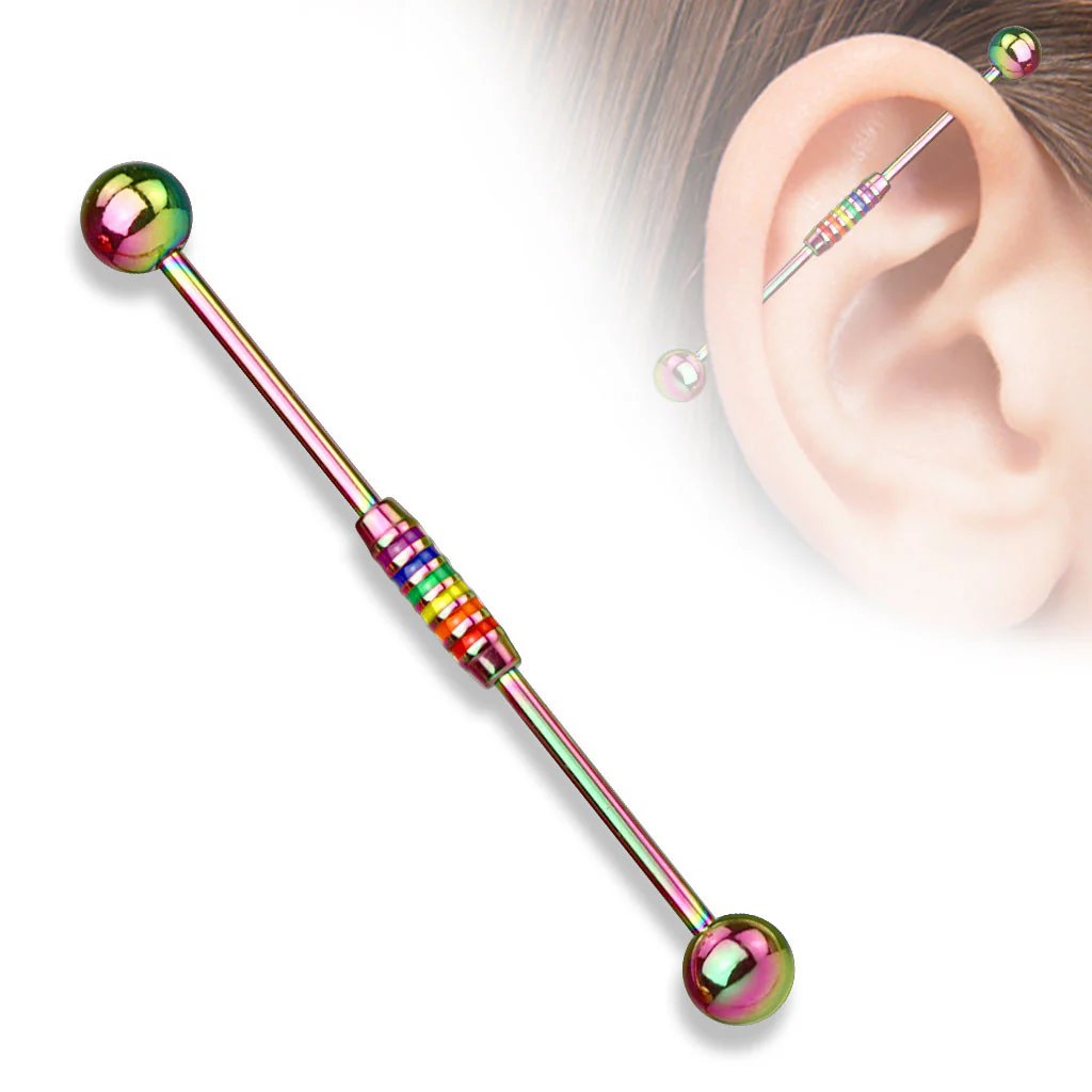 Rainbow Striped Center 316L Surgical Steel Industrial Barbells - Image 4