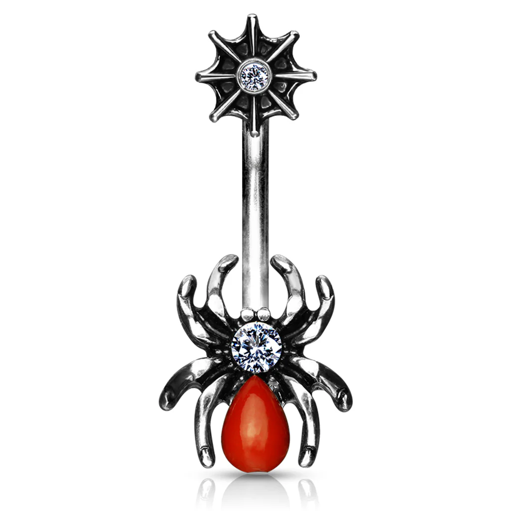 Red Spider and Web with CZ Surgical Steel Navel Belly Button Ring