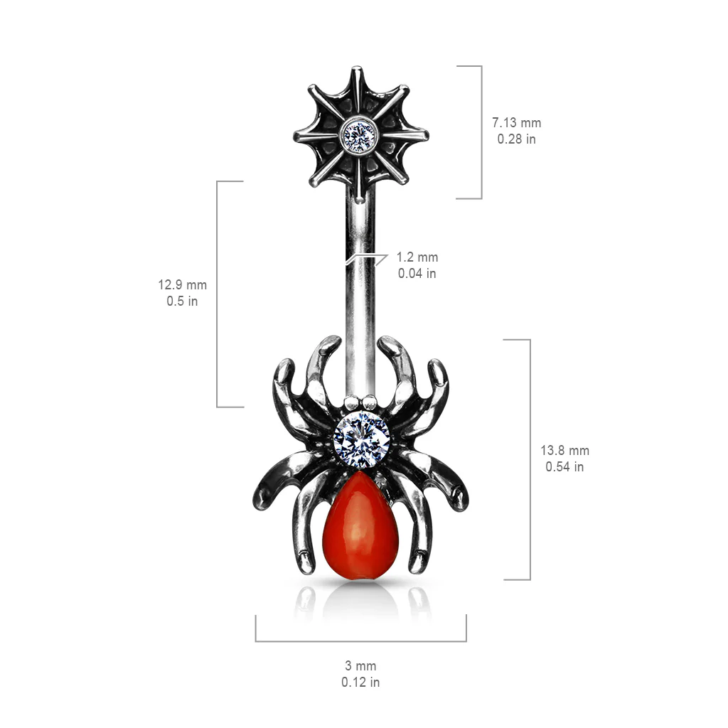 Red Spider and Web with CZ Surgical Steel Navel Belly Button Ring - Image 2