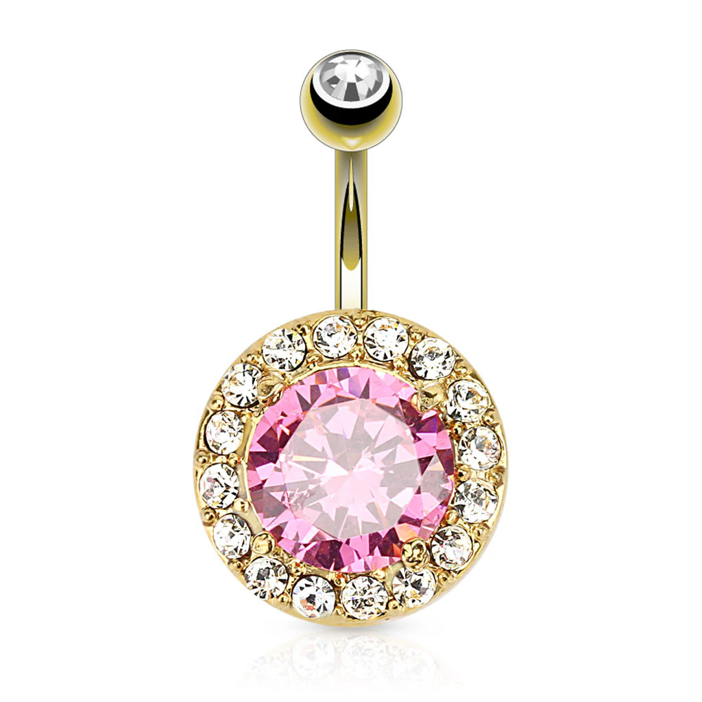 Pink CZ 14kt Gold Plated Surgical Steel Navel Belly Button Ring