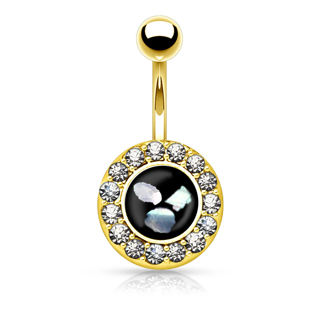 Round Crystal Mother of Pearl Surgical Steel Navel Belly Button Rings - Image 2